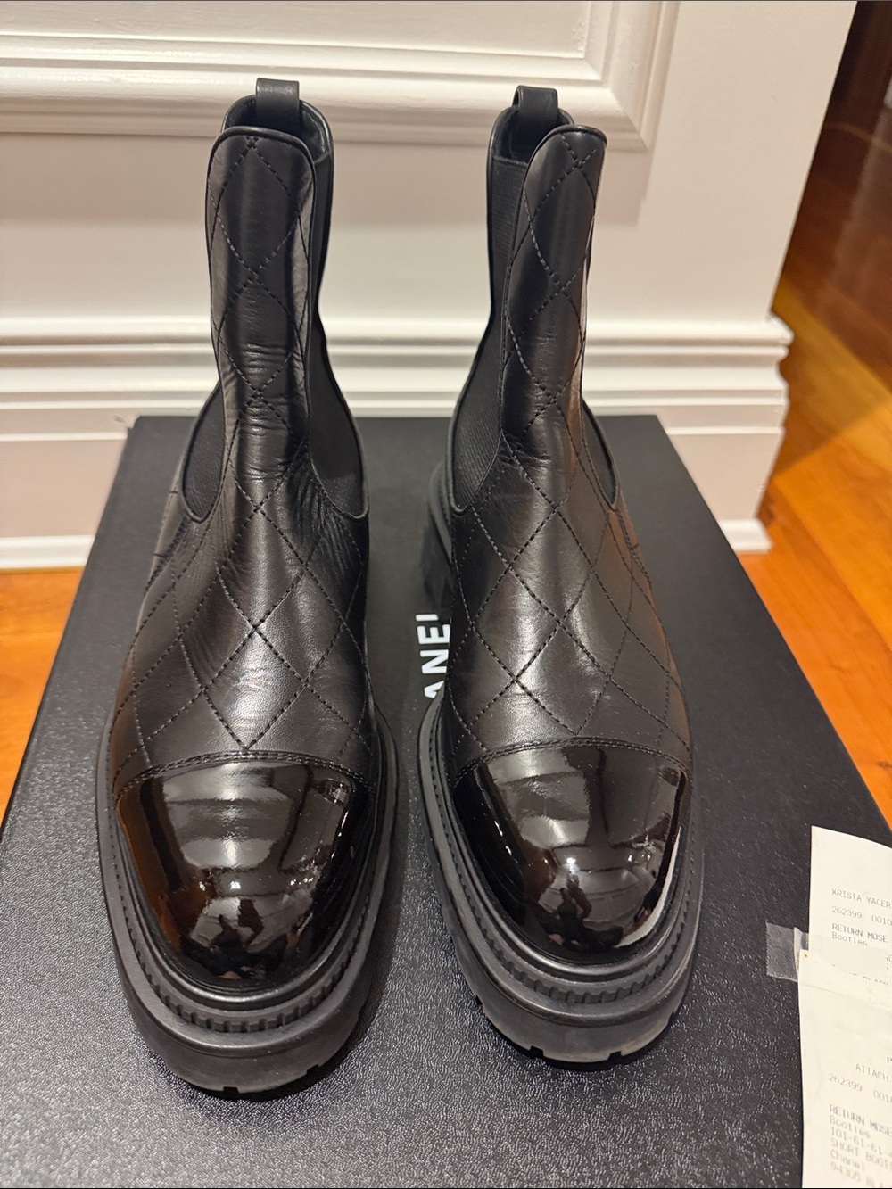 CHANEL Black Quilted Leather Chelsea Combat Boots with Patent Cap